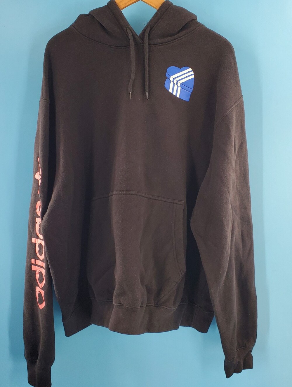 Adidas oversized hoodie blue logo and pink spellout 2XL